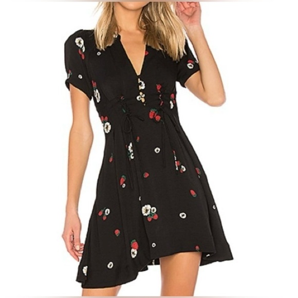 Free People Dream Girl Black Strawberry Floral Print Mini Dress Size 2 - Picture 2 of 15
